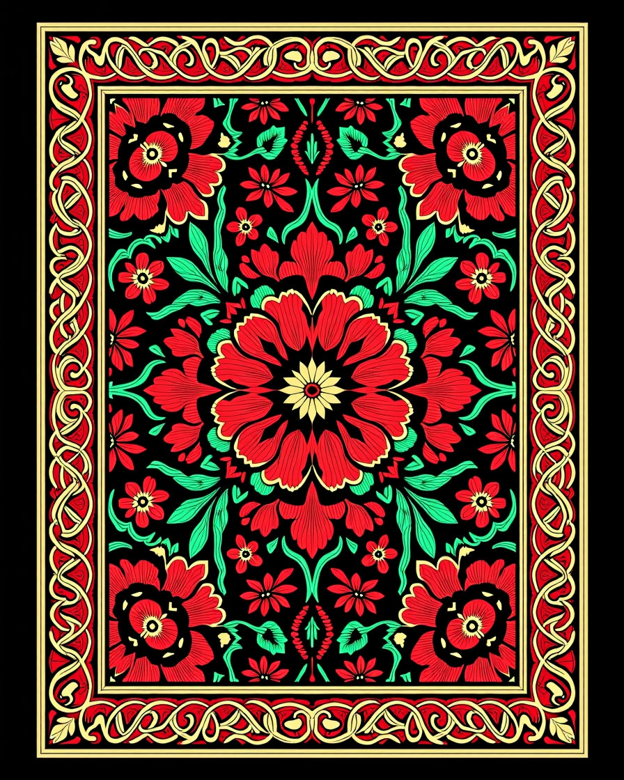 Ornate Red Floral Black Medallion Rug