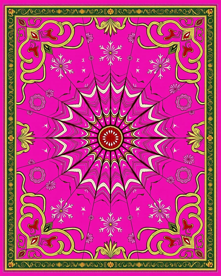 Vibrant Pink Sunburst Medallion Bordered Rug