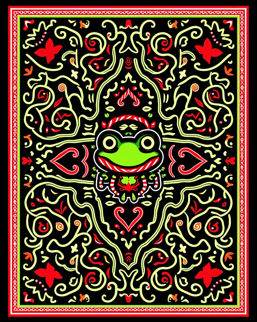 Whimsical Frog Garden Red Outline Rug