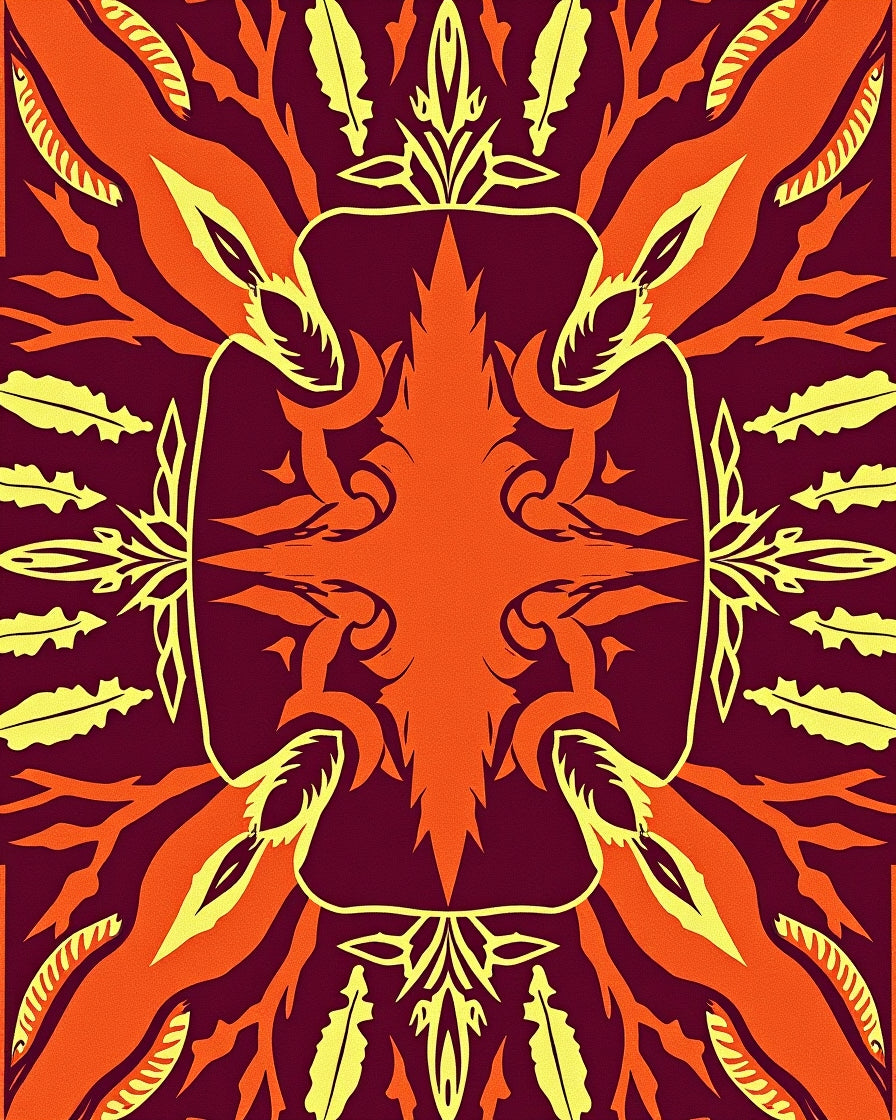 Crimson Orange Yellow Feathered Sunburst Rug