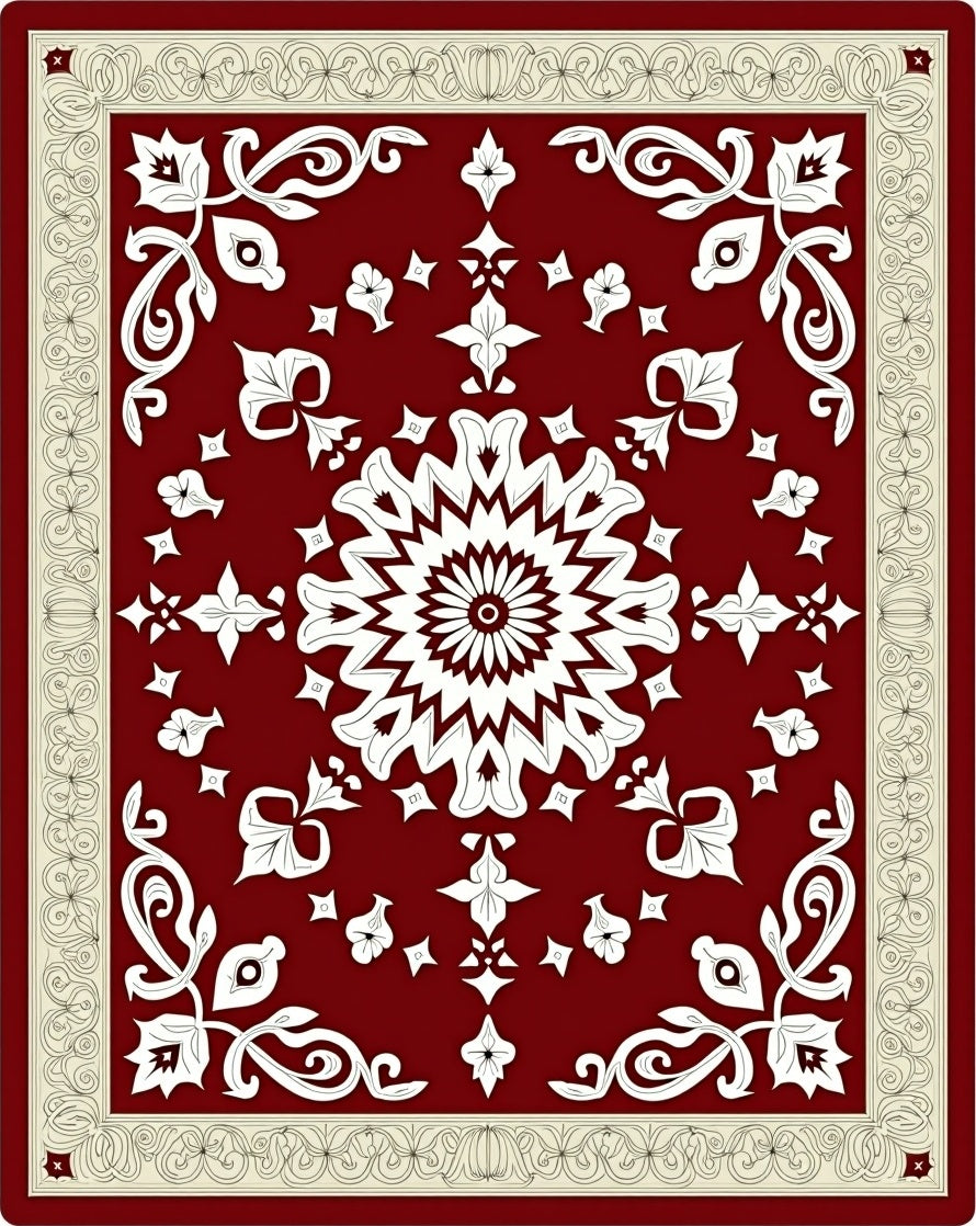 Crimson White Floral Border Medallion Rug