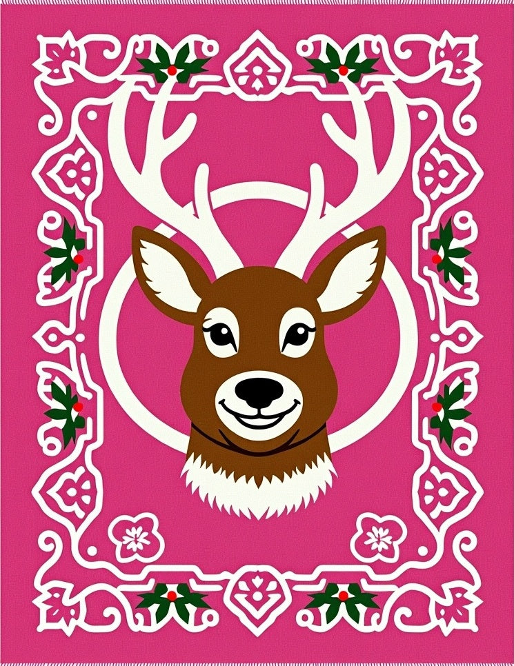 Whimsical Pink Deer Holly Border Rug