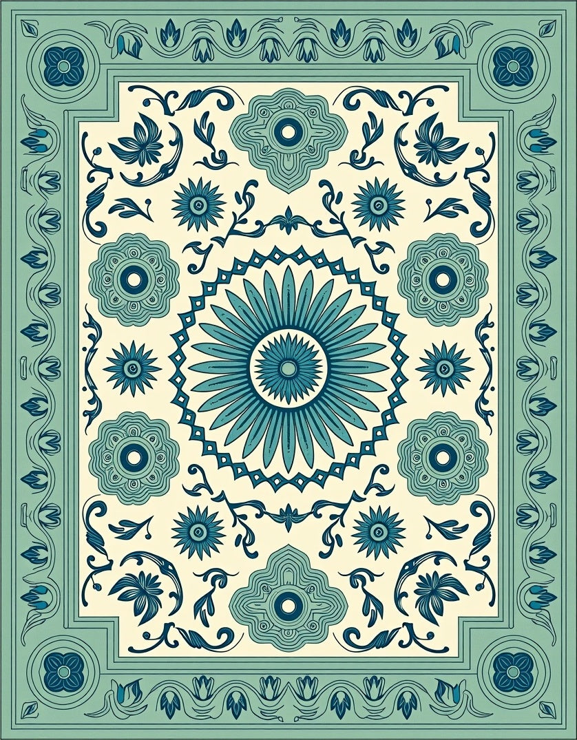 Teal Blue Floral Medallion Cream Rug