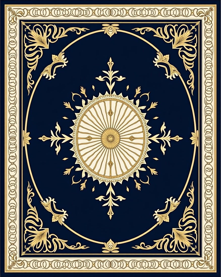 Navy Gold Medallion Scroll Border Rug