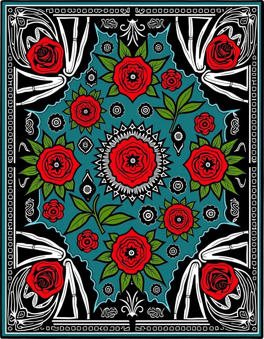 Bold Red Rose Floral Teal Rug