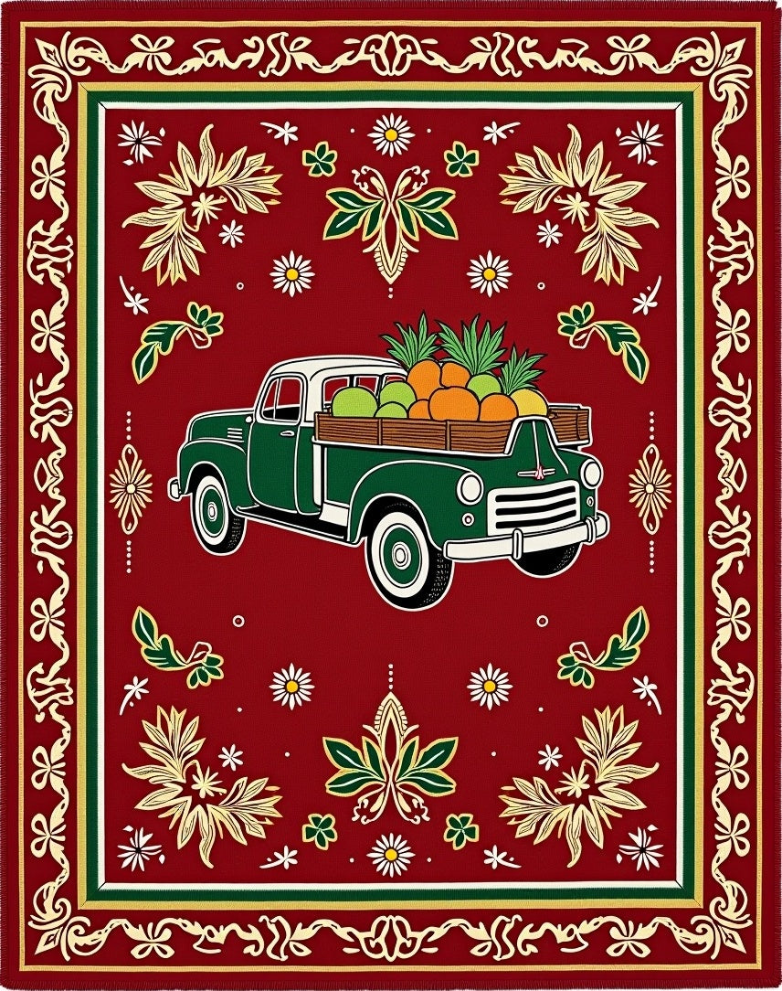 Vintage Green Truck Fruit Harvest Rug