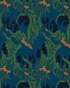 Deep Blue Forest With Orange Birds Rug