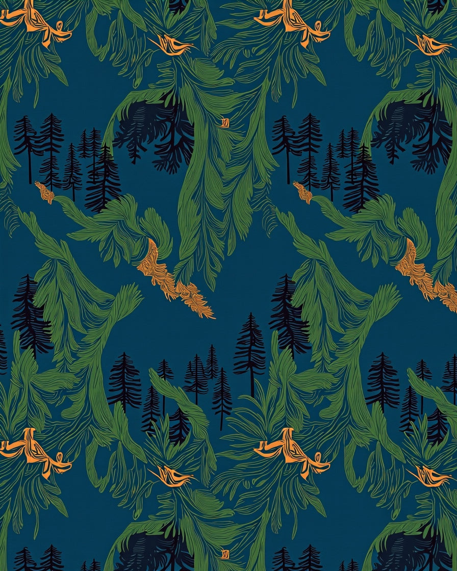Deep Blue Forest With Orange Birds Rug