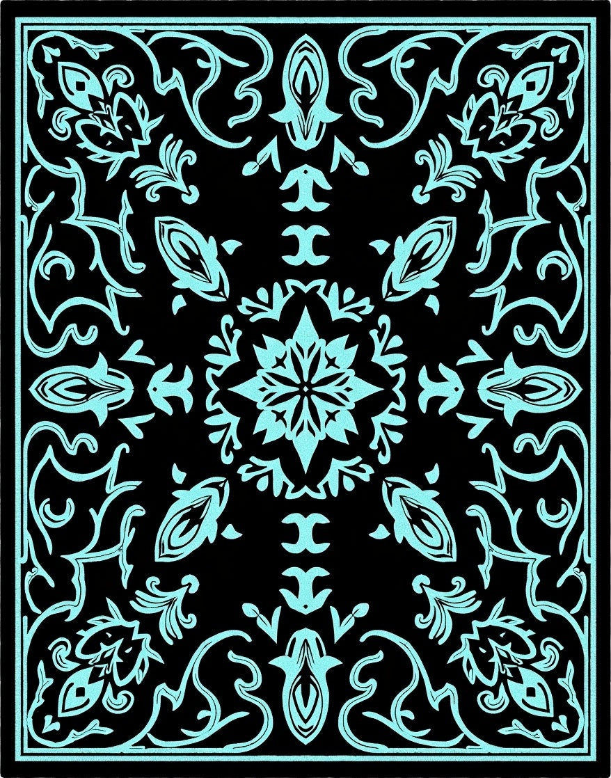 Black Aqua Floral Medallion Mandala Rug