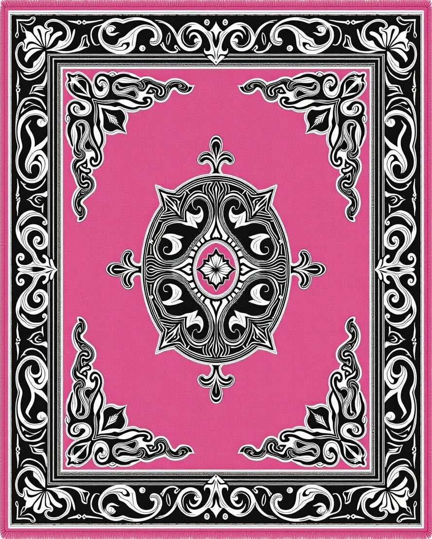 Vivid Pink Black Filigree Medallion Rug