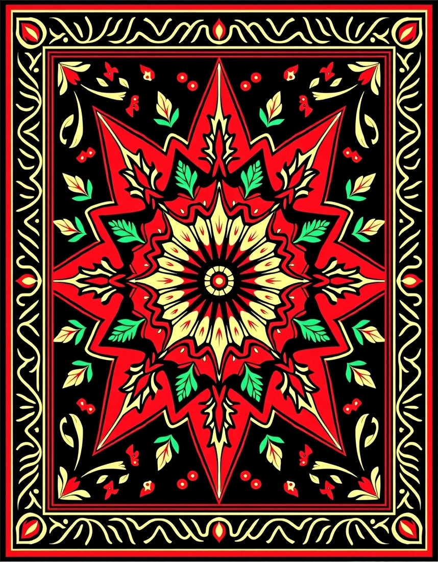 Bold Red Sunburst Floral Frame Rug