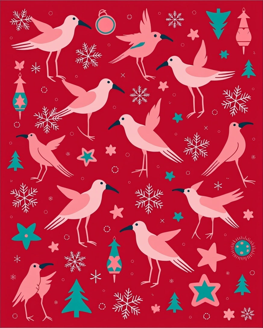 Pink Birds with Teal Stars Snowflakes Rug