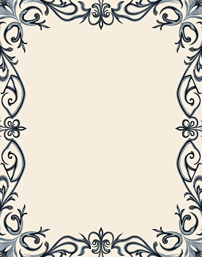 Ornate Scrollwork Ivory Black Border Rug