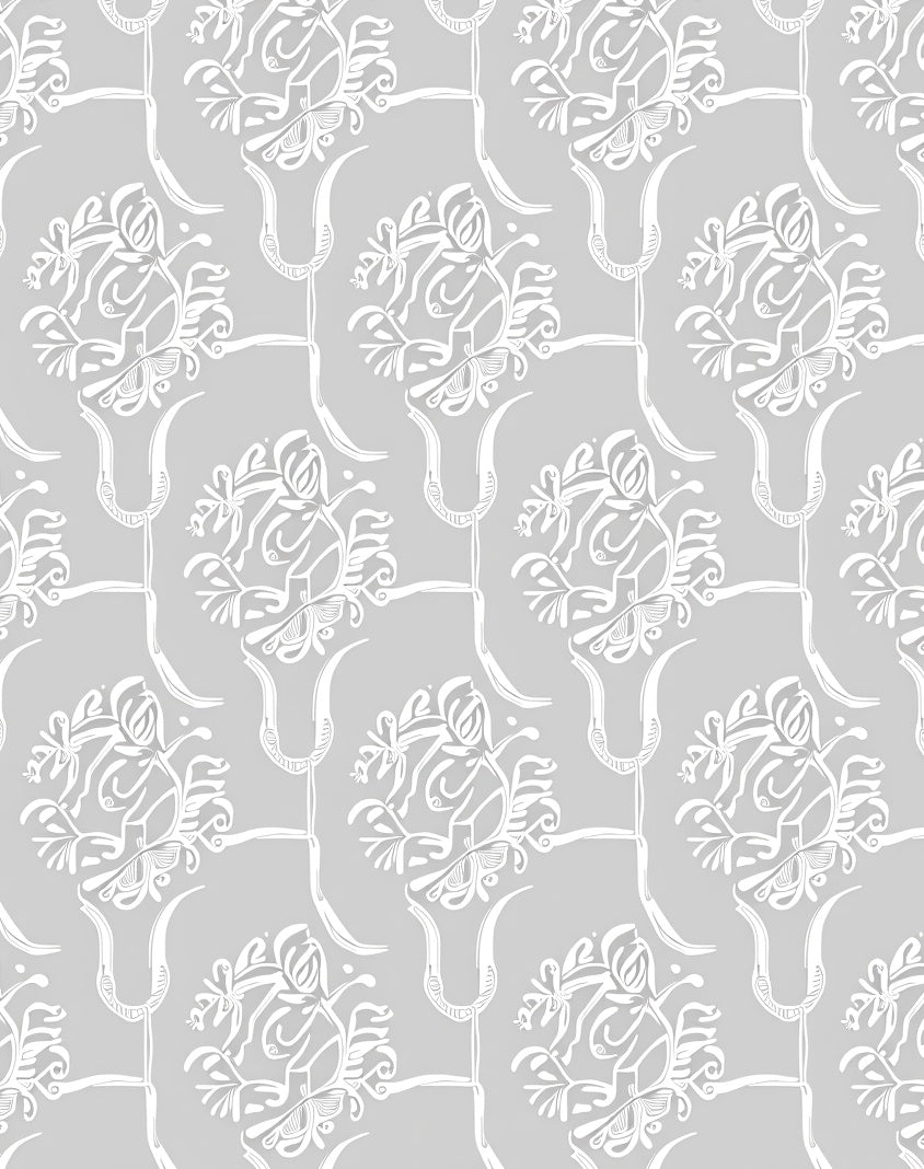 Soft Gray White Organic Floral Scroll Rug
