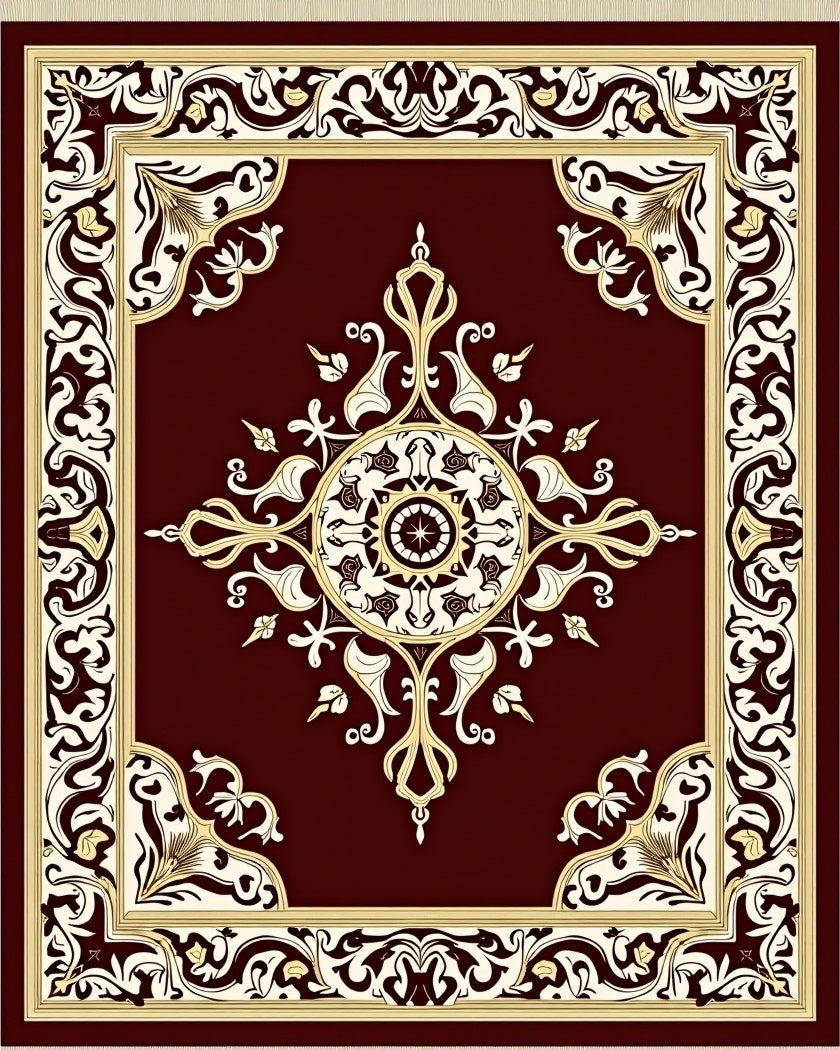 Burgundy Gold Medallion Scroll Frame Rug
