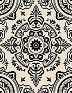 Cream Black Damask Ornamental Medallion Rug