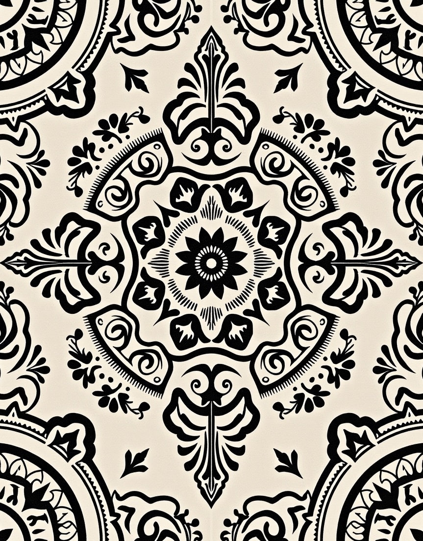 Cream Black Damask Ornamental Medallion Rug