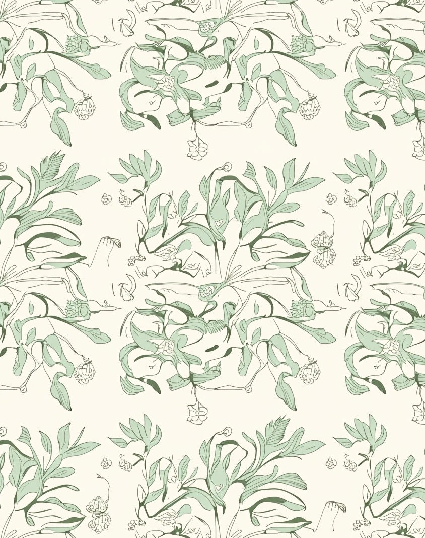 Pale Green Botanical Vine Scroll Rug