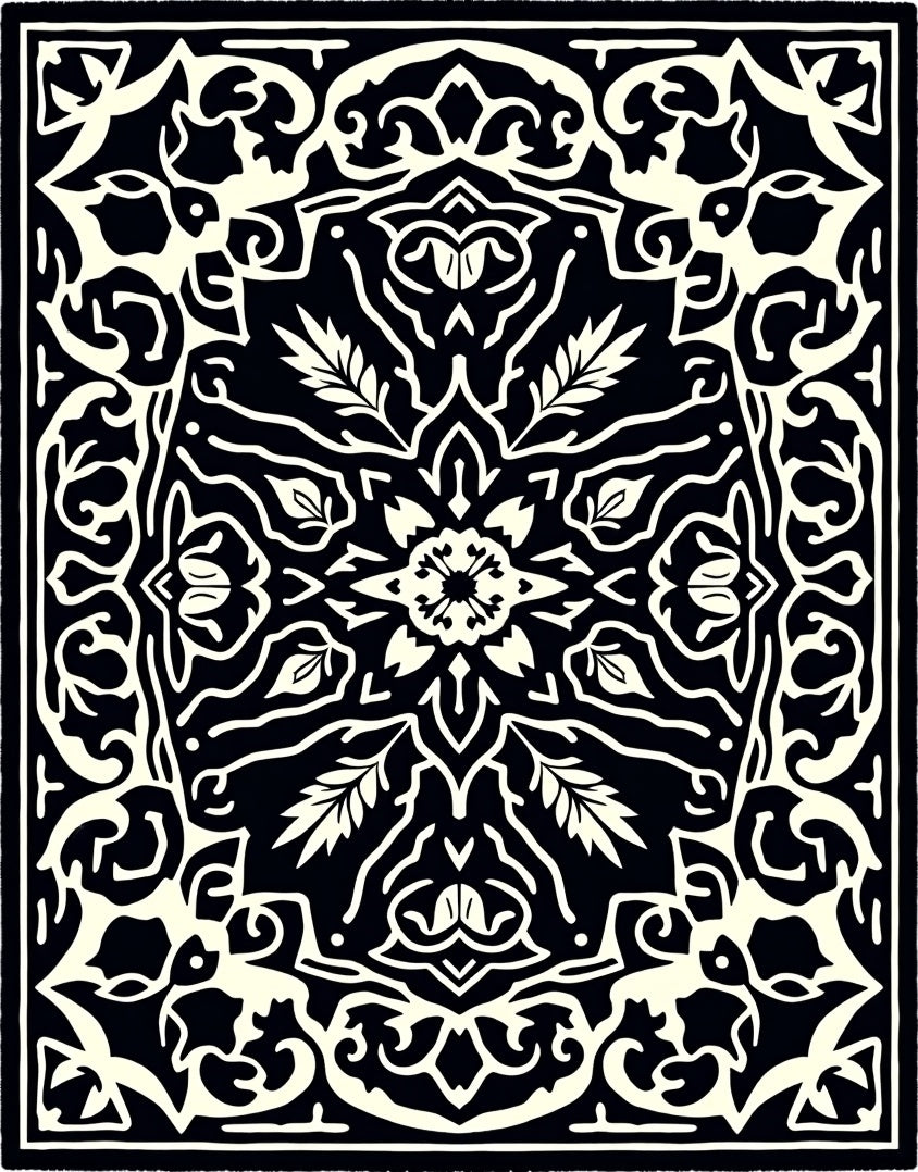 Black White ornate floral medallion Rug