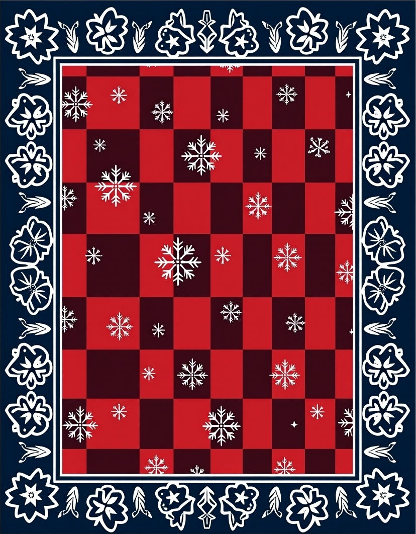 Red Black Buffalo Check Snowflakes Border Rug