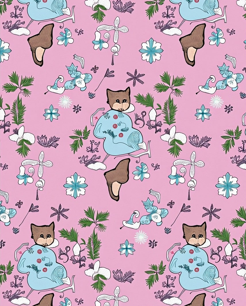 Pink Cartoon Fox Floral Whimsical Scene Rug