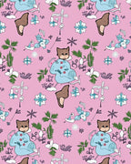 Pink Cartoon Fox Floral Whimsical Scene Rug