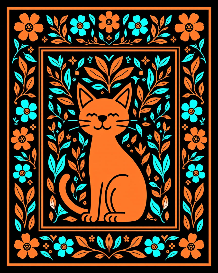 Whimsical Orange Cat Floral Border Rug