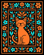 Whimsical Orange Cat Floral Border Rug