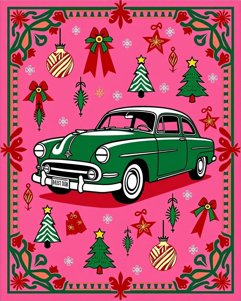 Retro Green Car Christmas Ornaments Border Rug