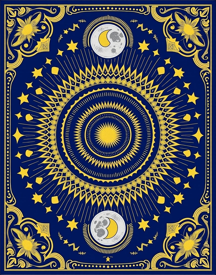 Deep Blue Celestial Sun Moon Stars Rug