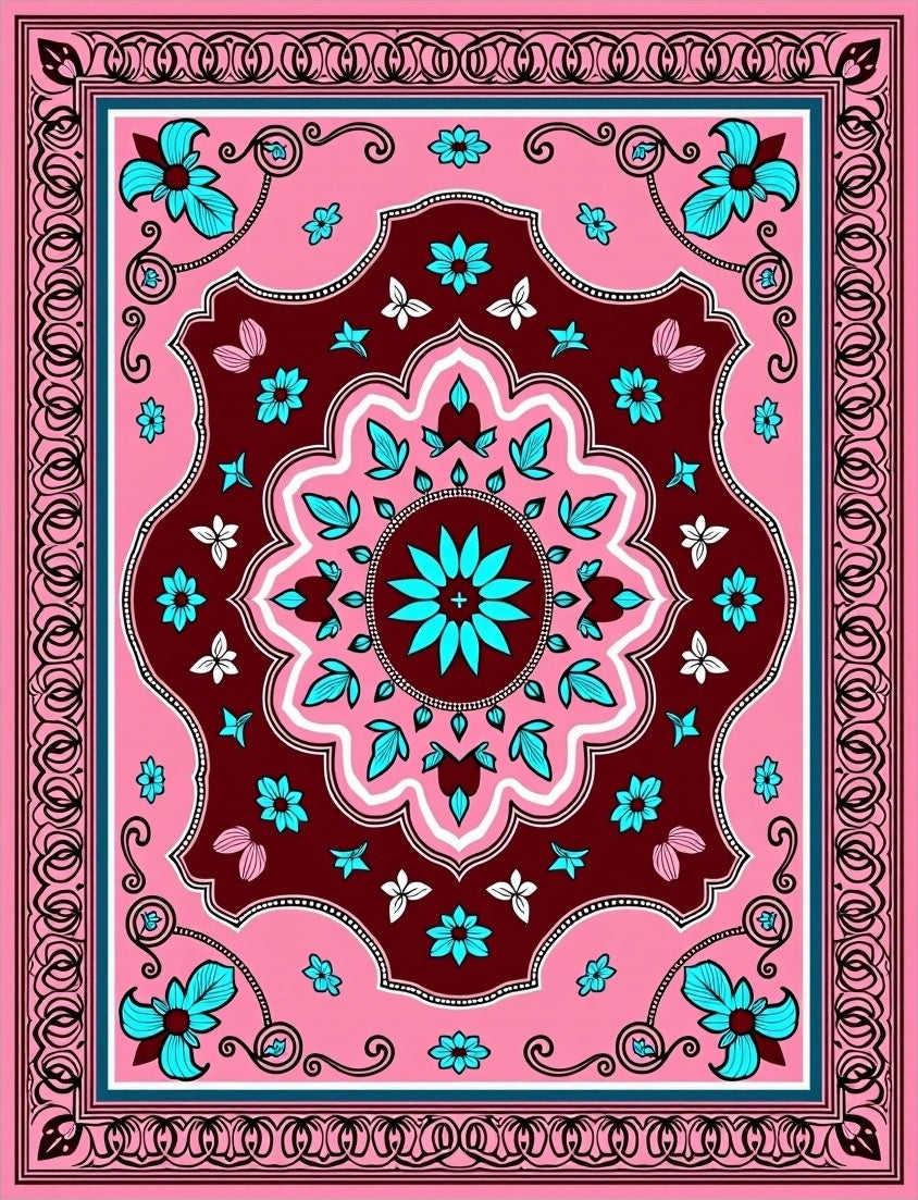 Pink Teal Floral Medallion Border Rug