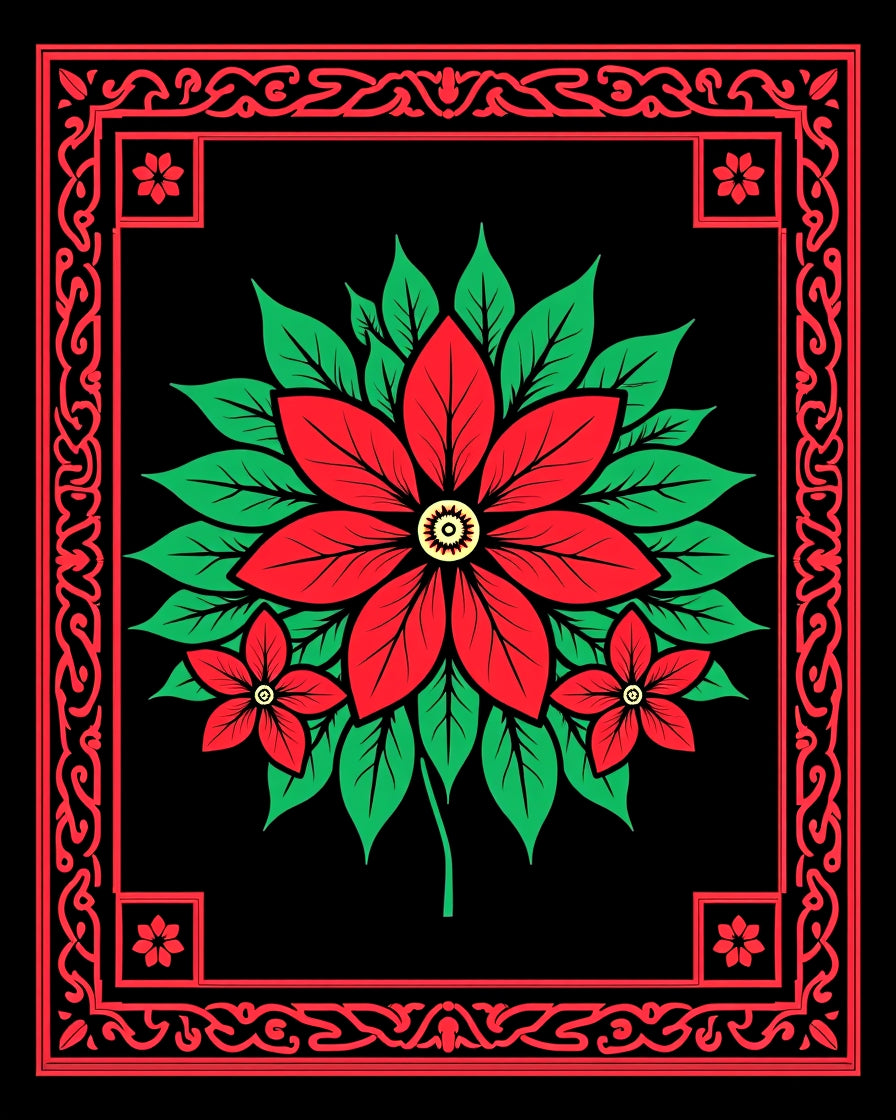 Red Green Floral Square Border Rug