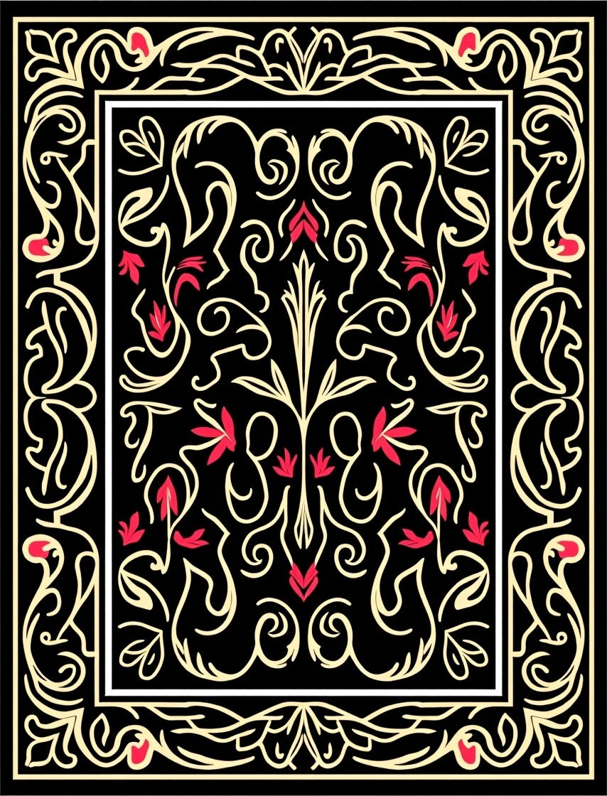 Black Cream Red Floral Scroll Rug