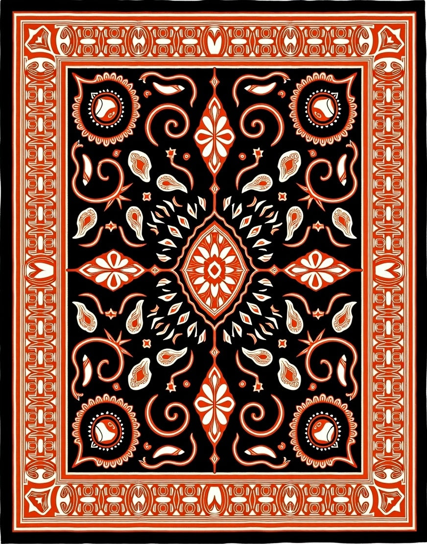 Black Orange Medallion Floral Swirl Rug