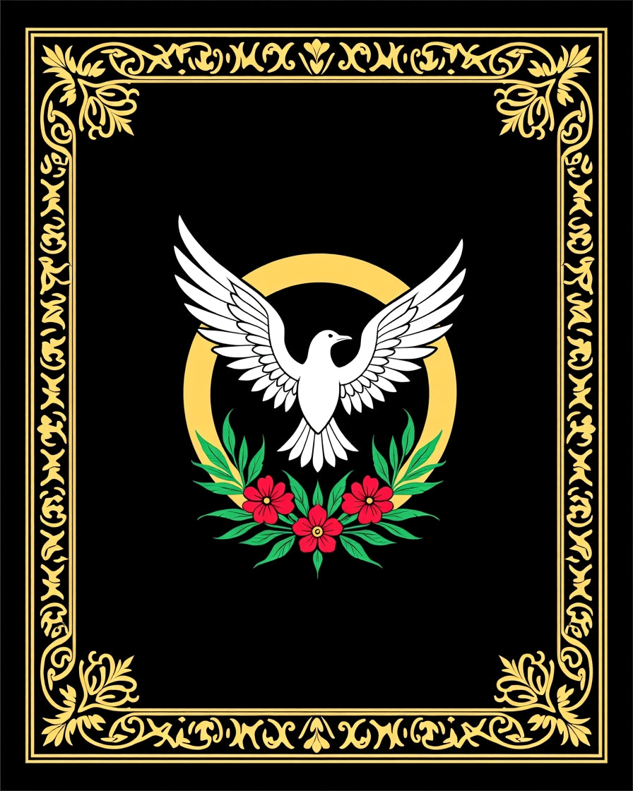 Black Gold Dove Floral Emblem Rug