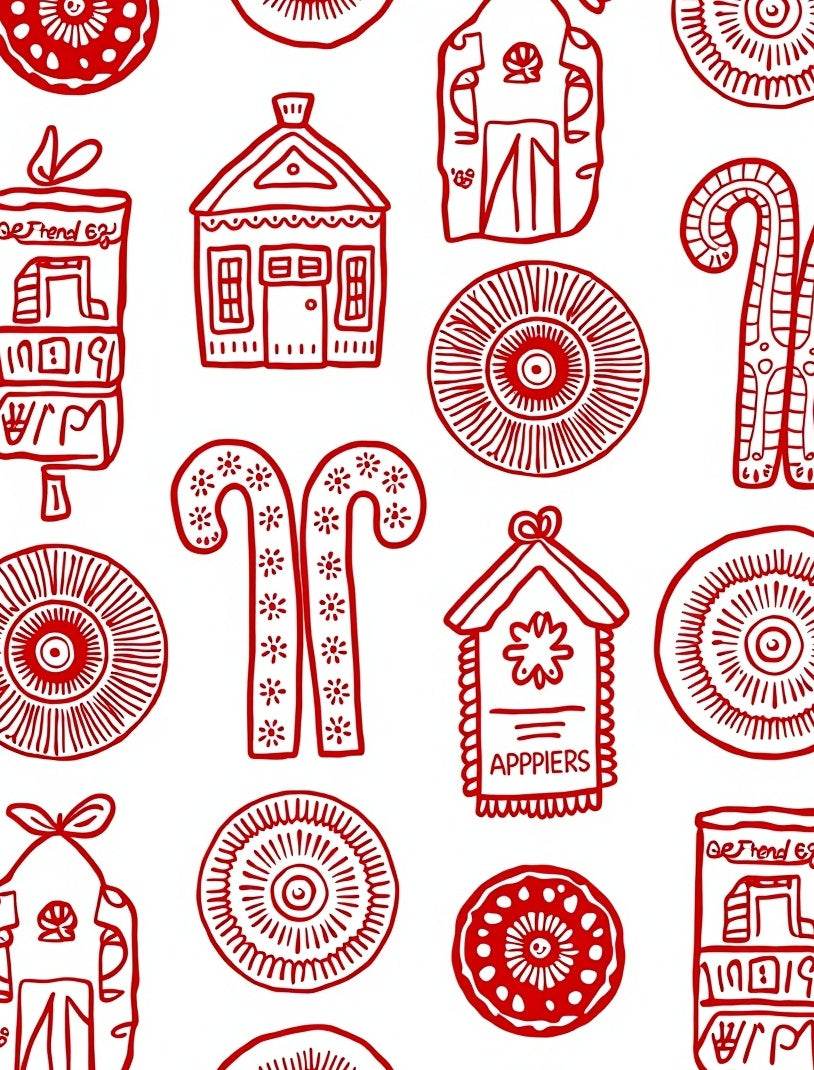 Red Folk Art Village Collection Rug