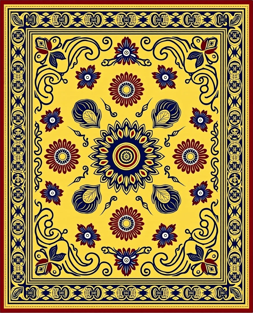 Golden Yellow Red Blue Floral Medallion Rug