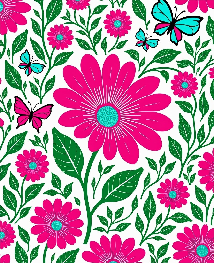 Vibrant Fuchsia Flower Butterfly Garden Rug