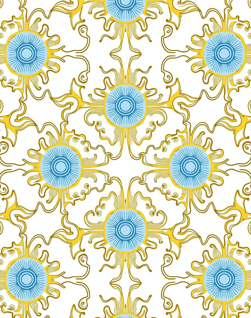Golden Blue Sunburst Medallion Art Nouveau Rug