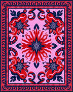 Pink Red Blue Floral Mandala Border Rectangular Rug