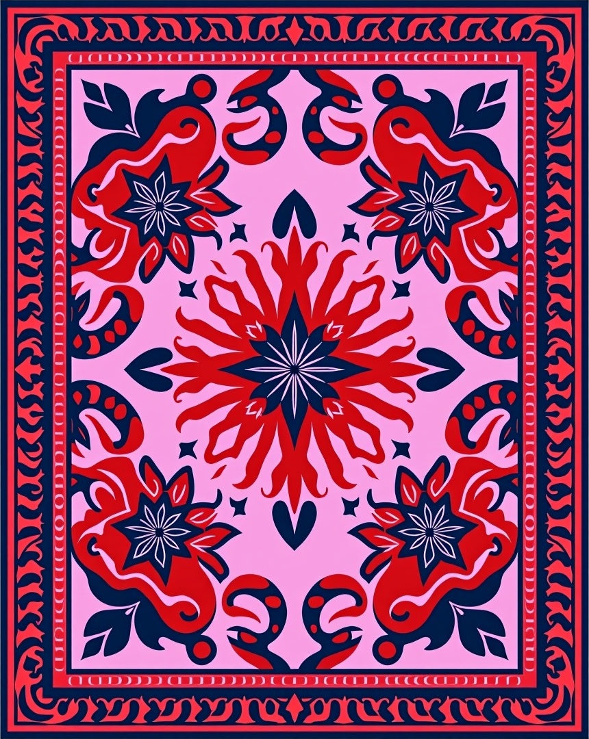 Pink Red Blue Floral Mandala Border Rectangular Rug