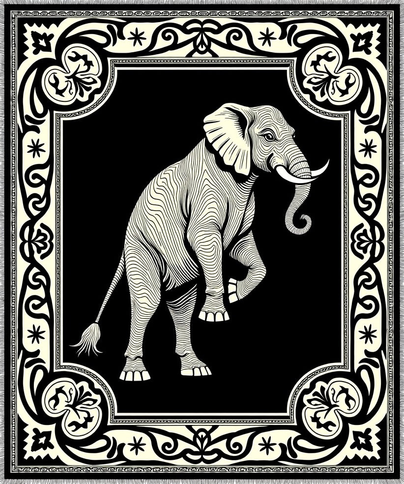 Bold Black Elephant Cream Border Rug