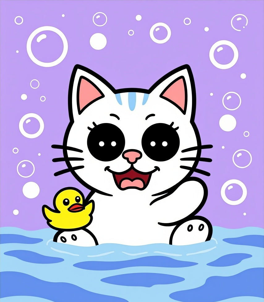 Cute White Cat Bath Time Bubbles Rug