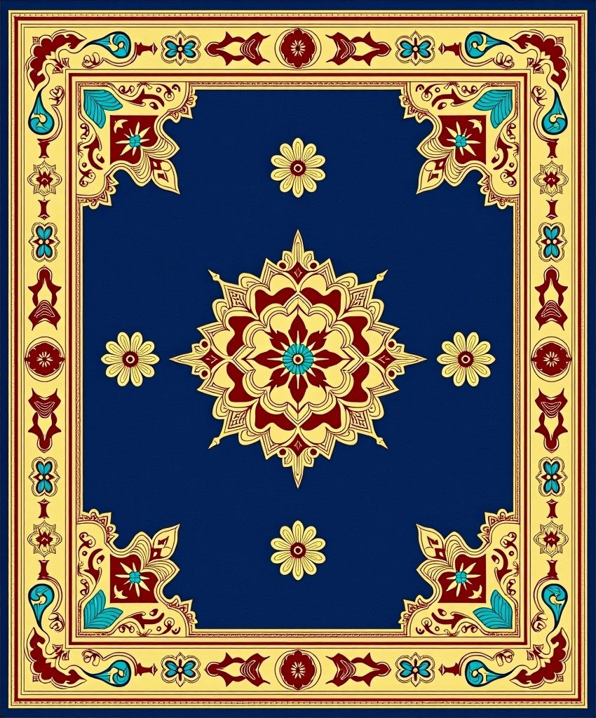 Deep Blue Red Yellow Medallion Border Rug