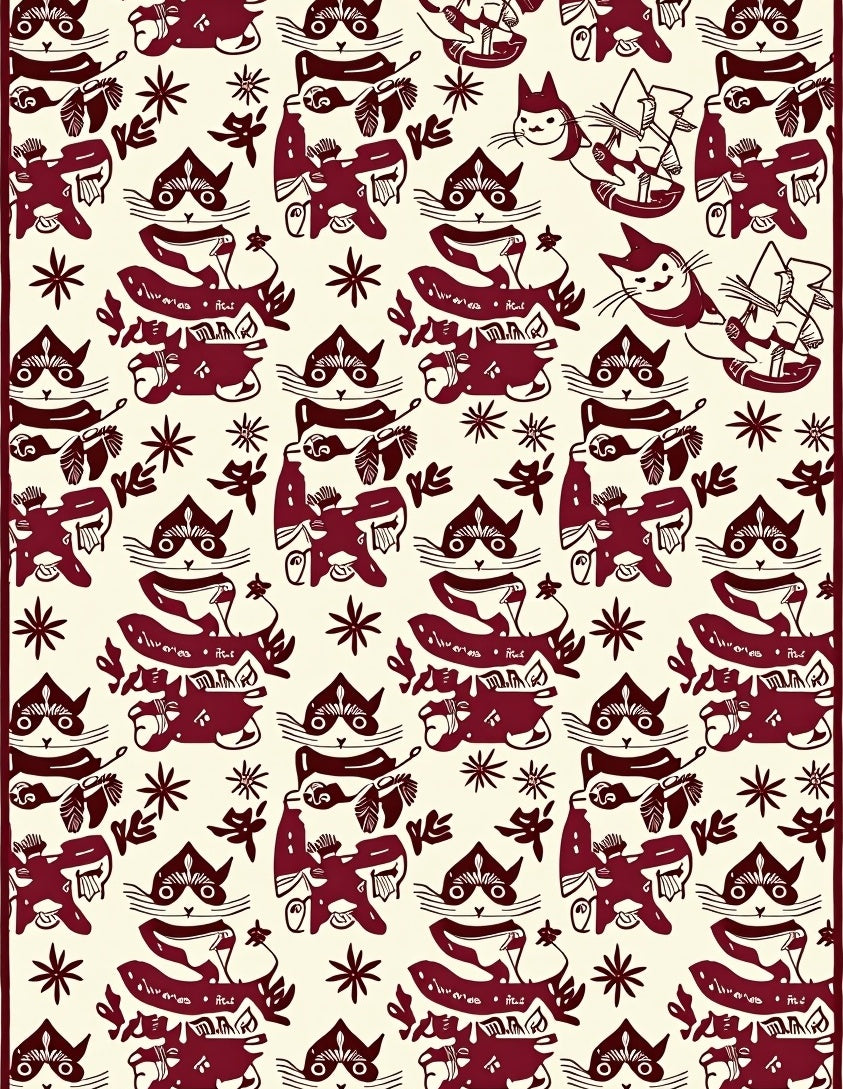 Deep Red Whimsical Cat Sailboat Collage Rug
