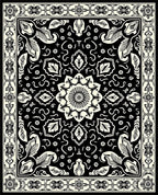 Black Cream Mandala Floral Border Rug