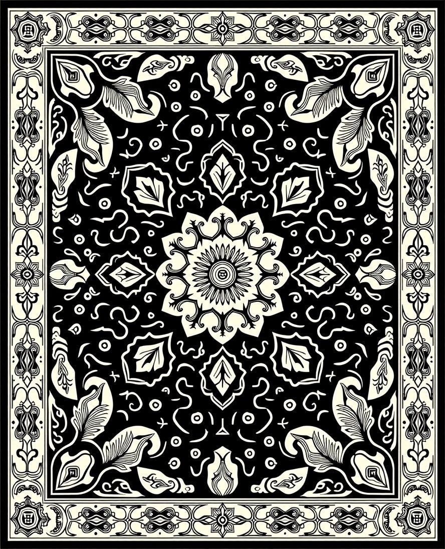 Black Cream Mandala Floral Border Rug