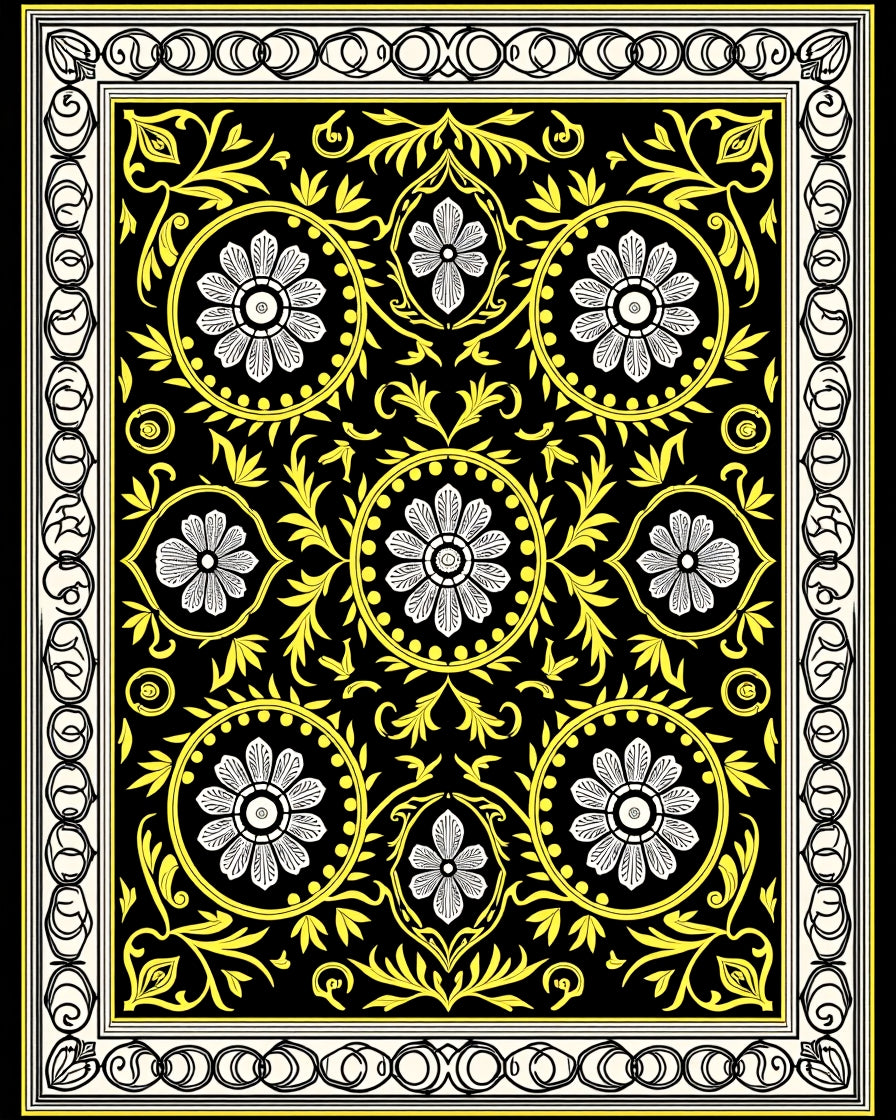 Black Floral Medallion Yellow Border Rug
