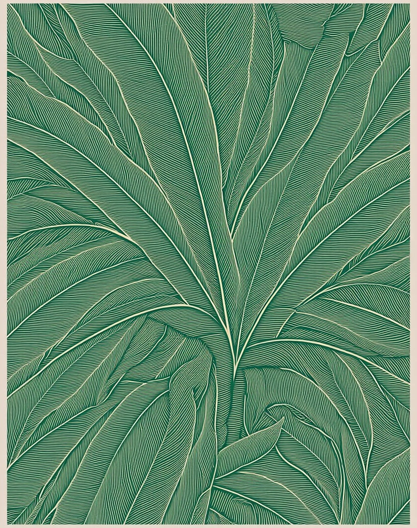 Green Tropical Leaf Line Art Rug