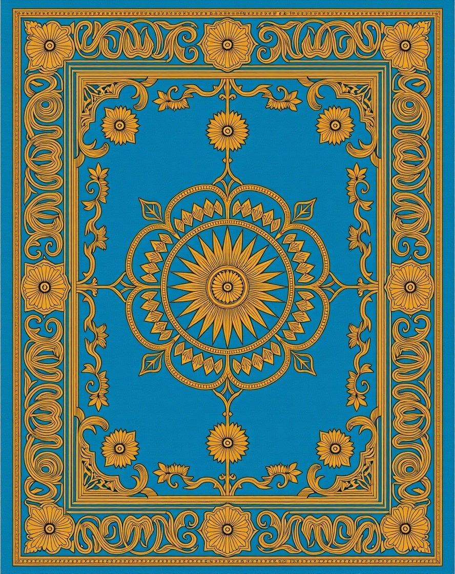 Golden Floral Sun Medallion Blue Rug